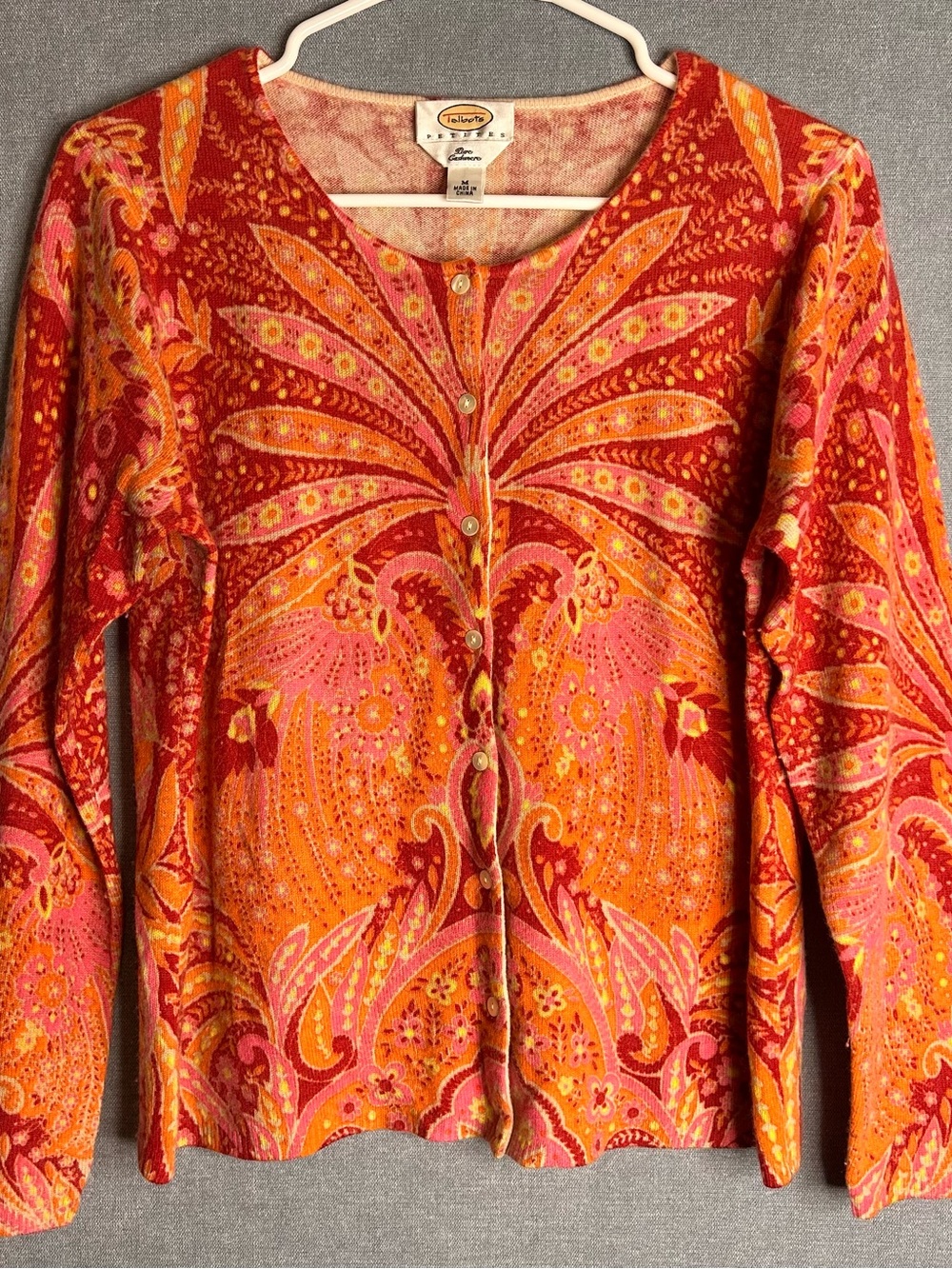 Talbots 100% Cashmere Paisley Button-Front Cardigan Petite M Medium Colorful
